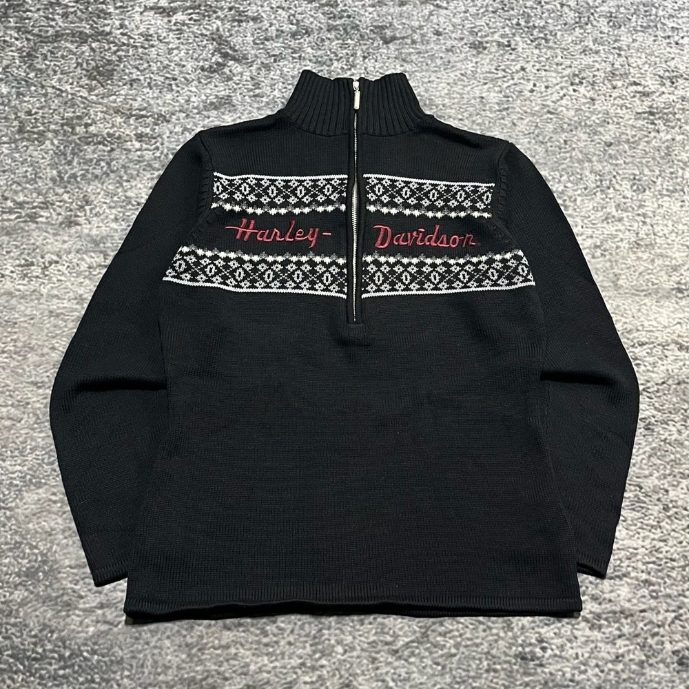 Harley Davidson 1/2 Zip‎ Sweater Pullover Womens Large Black Cozy Motorcycle